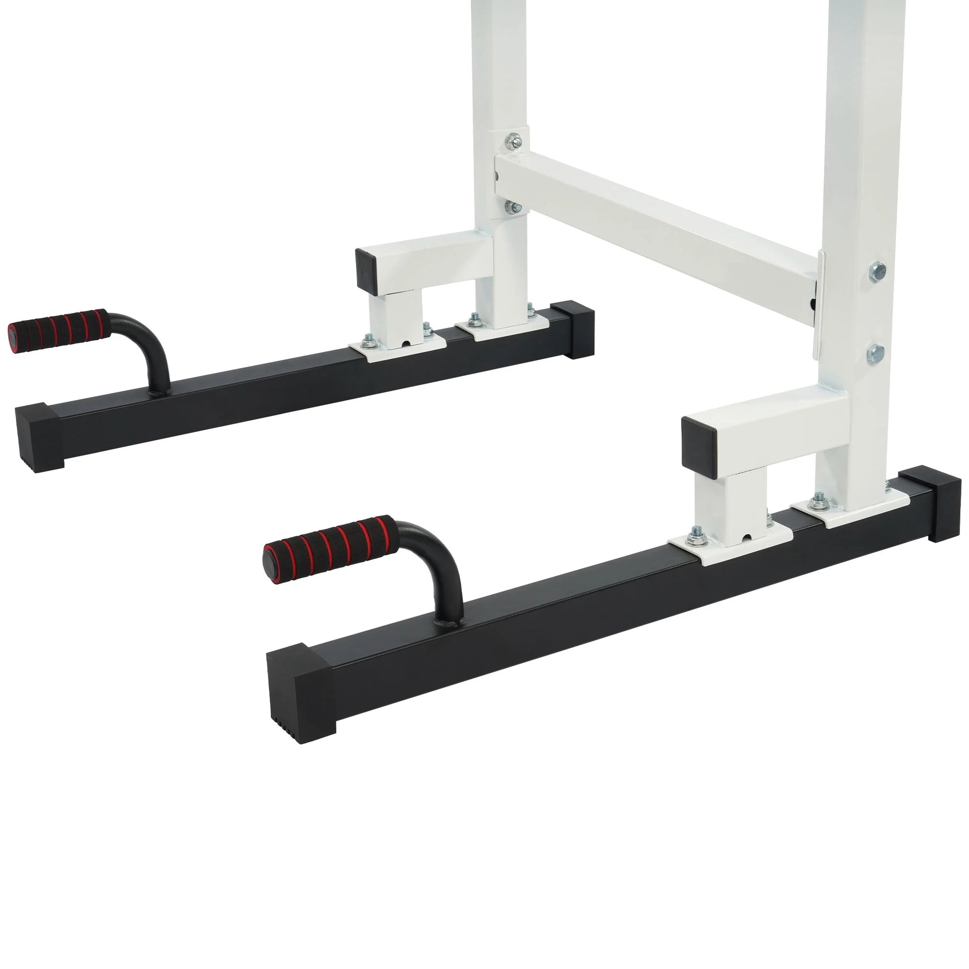 White steel frame dip station with adjustable height and 500 lb capacity by Fitness Essentials, suitable for strength training.