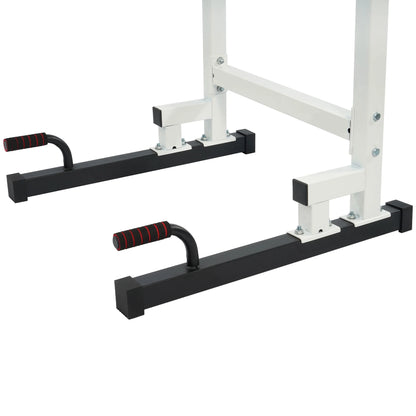 White steel frame dip station with adjustable height and 500 lb capacity by Fitness Essentials, suitable for strength training.