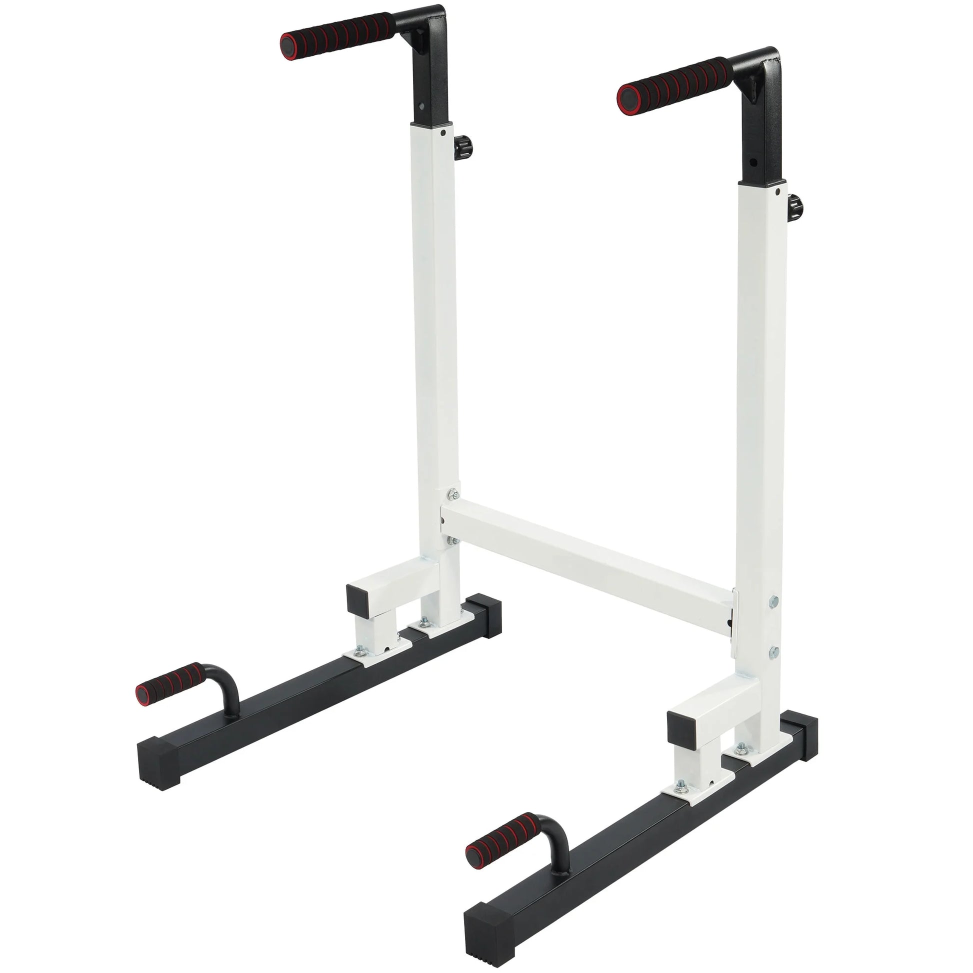 White steel frame dip station with adjustable height from Fitness Essentials, supporting up to 500 lbs weight capacity.
