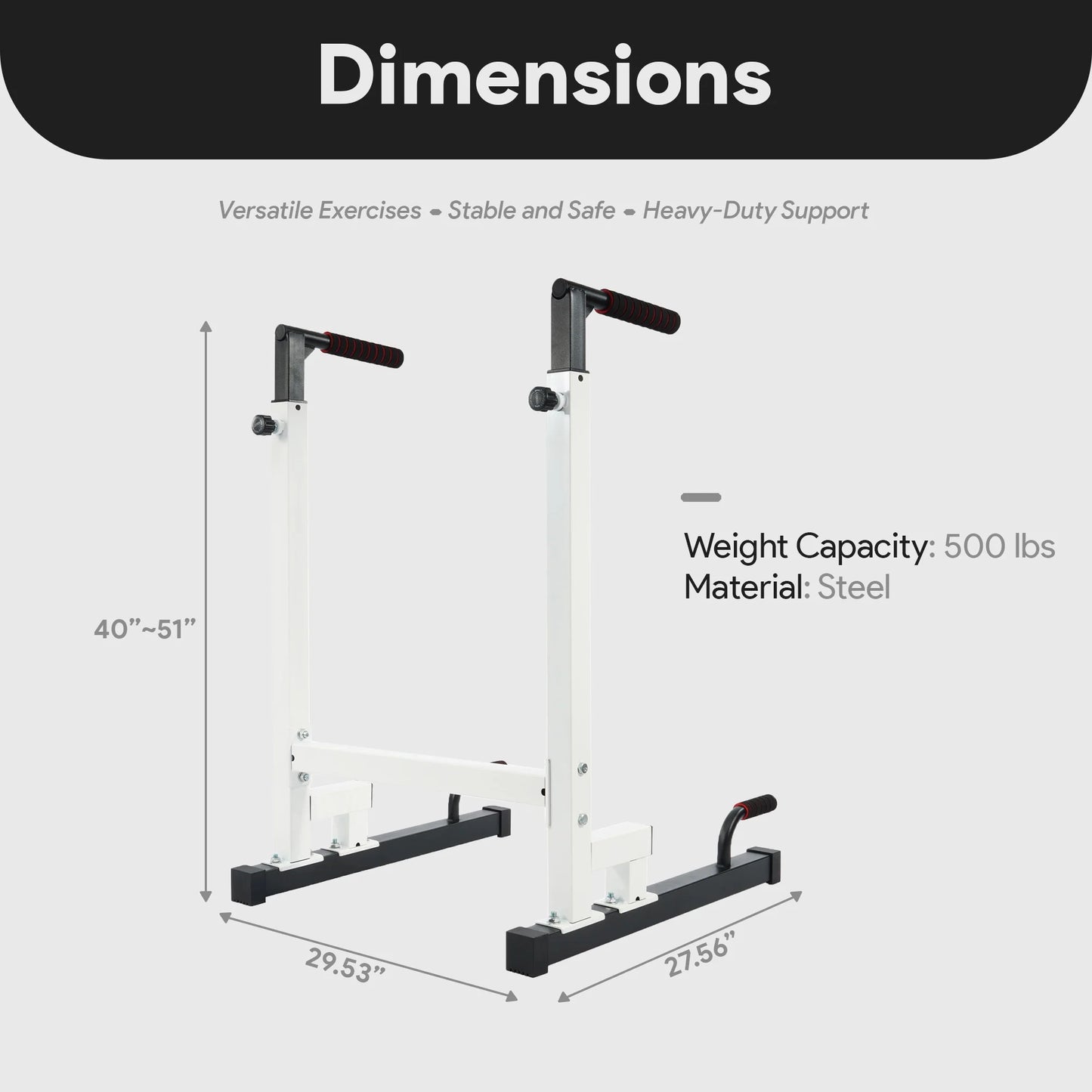 Fitness Essentials white steel frame dip station with adjustable height and 500 lb weight capacity, suitable for strength training.