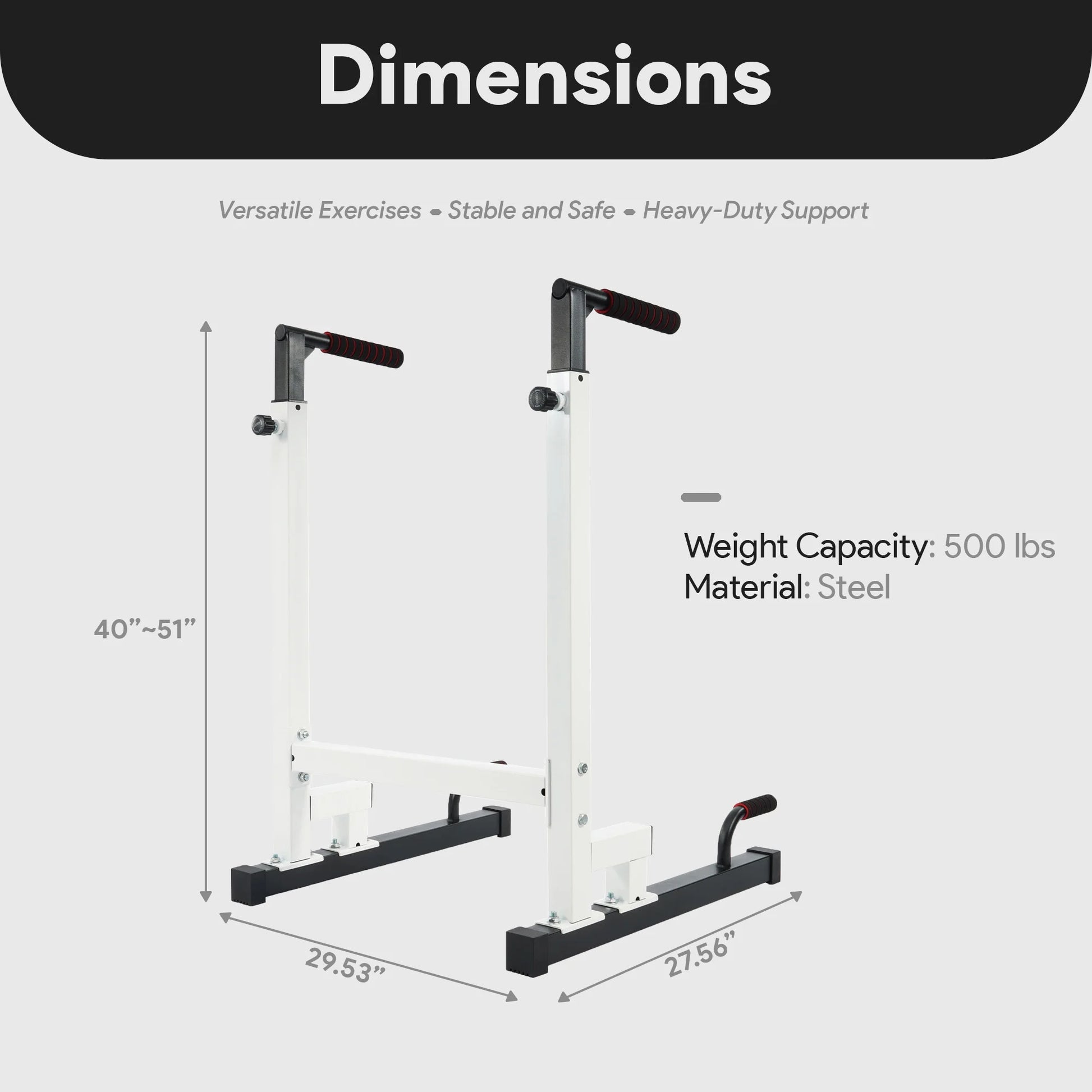 Fitness Essentials white steel frame dip station with adjustable height and 500 lb weight capacity, suitable for strength training.
