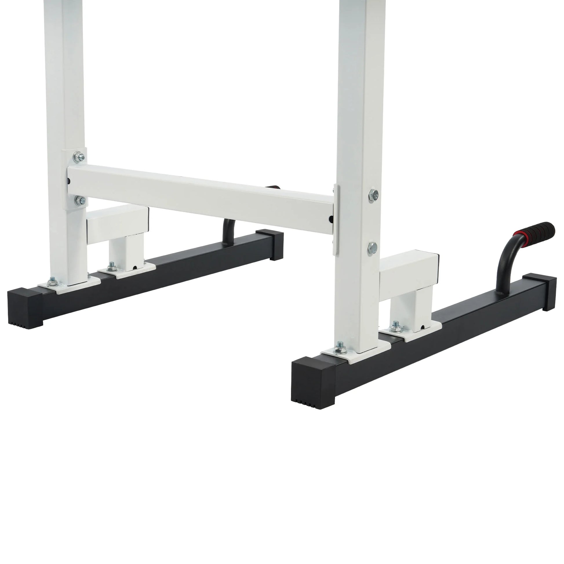 White Fitness Essentials steel frame dip station with adjustable height and 500 lb weight capacity for strength training.