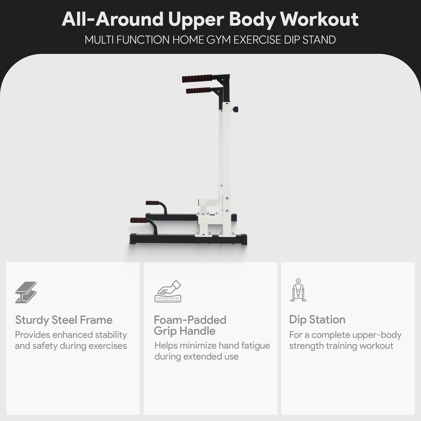 White steel frame dip station with adjustable height and 500 lb capacity from Fitness Essentials, suitable for strength training.