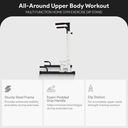 White steel frame dip station with adjustable height and 500 lb capacity from Fitness Essentials, suitable for strength training.