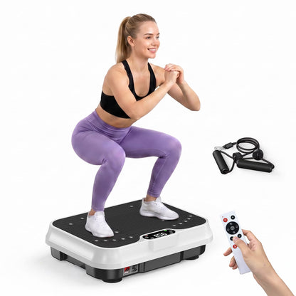 White Fitness Essentials vibration plate exercise machine with LCD display for whole-body workout and fitness training.