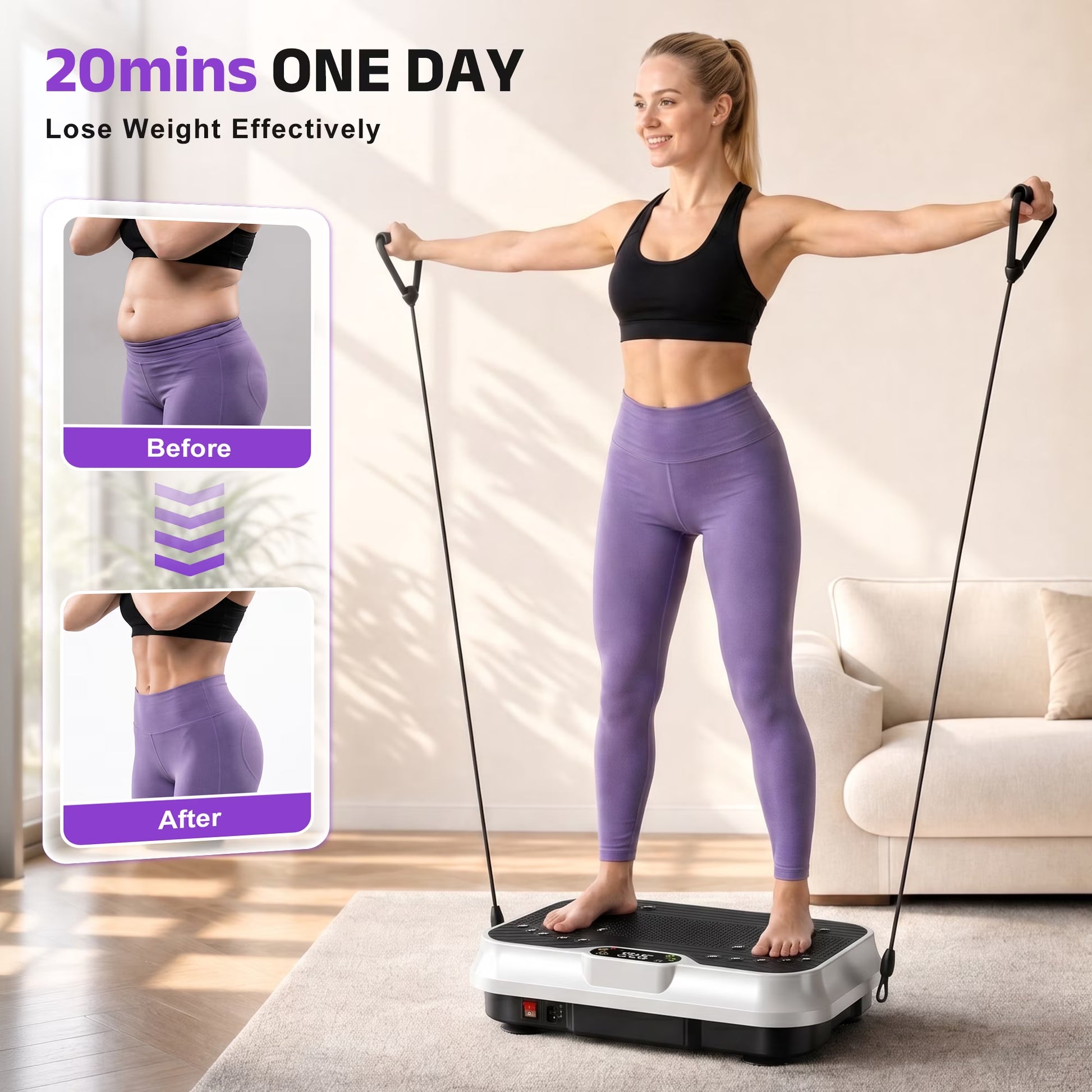 White Fitness Essentials vibration plate exercise machine with LCD display for whole-body workout and fitness training.
