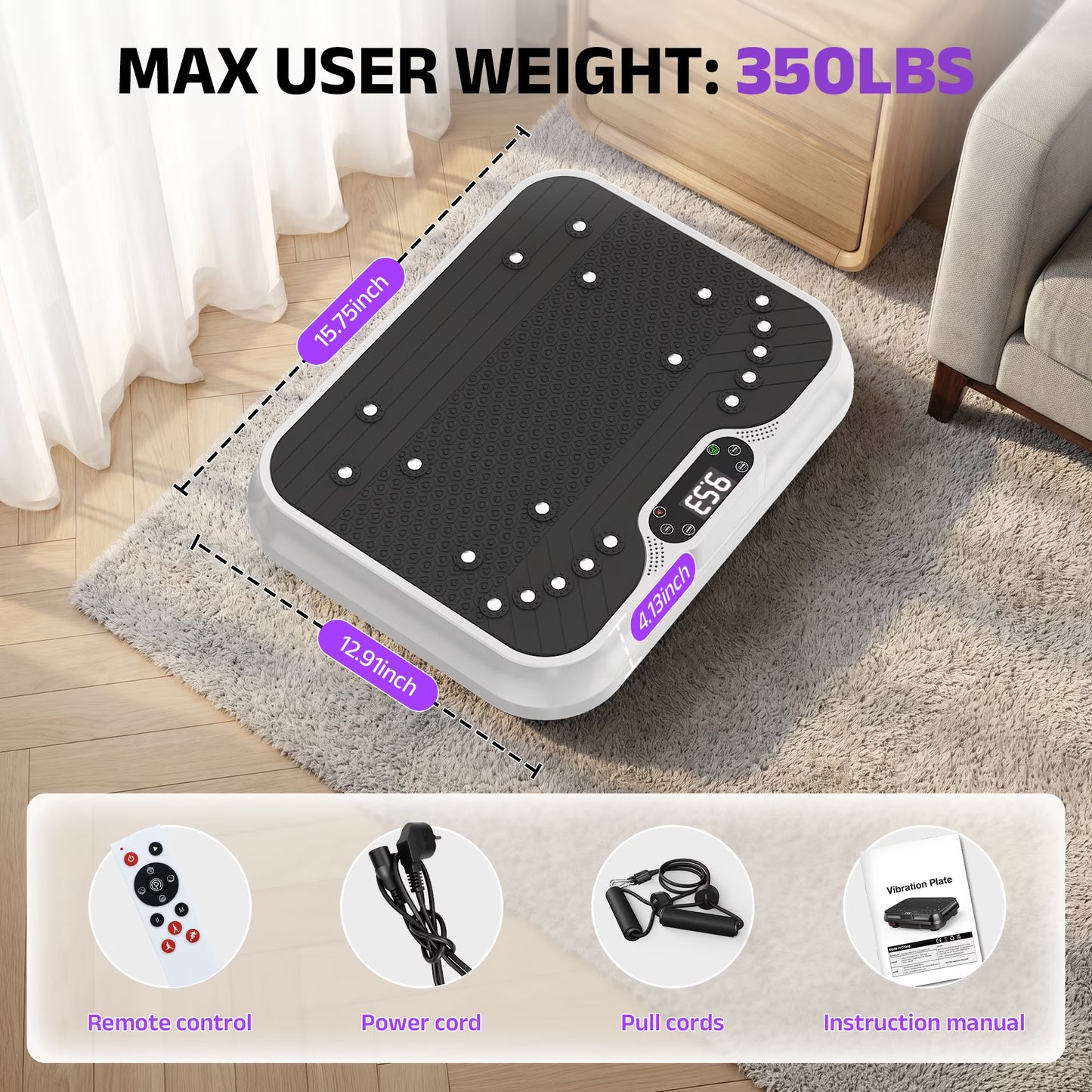 White Fitness Essentials vibration plate exercise machine with LCD display for whole-body workout and fitness training.