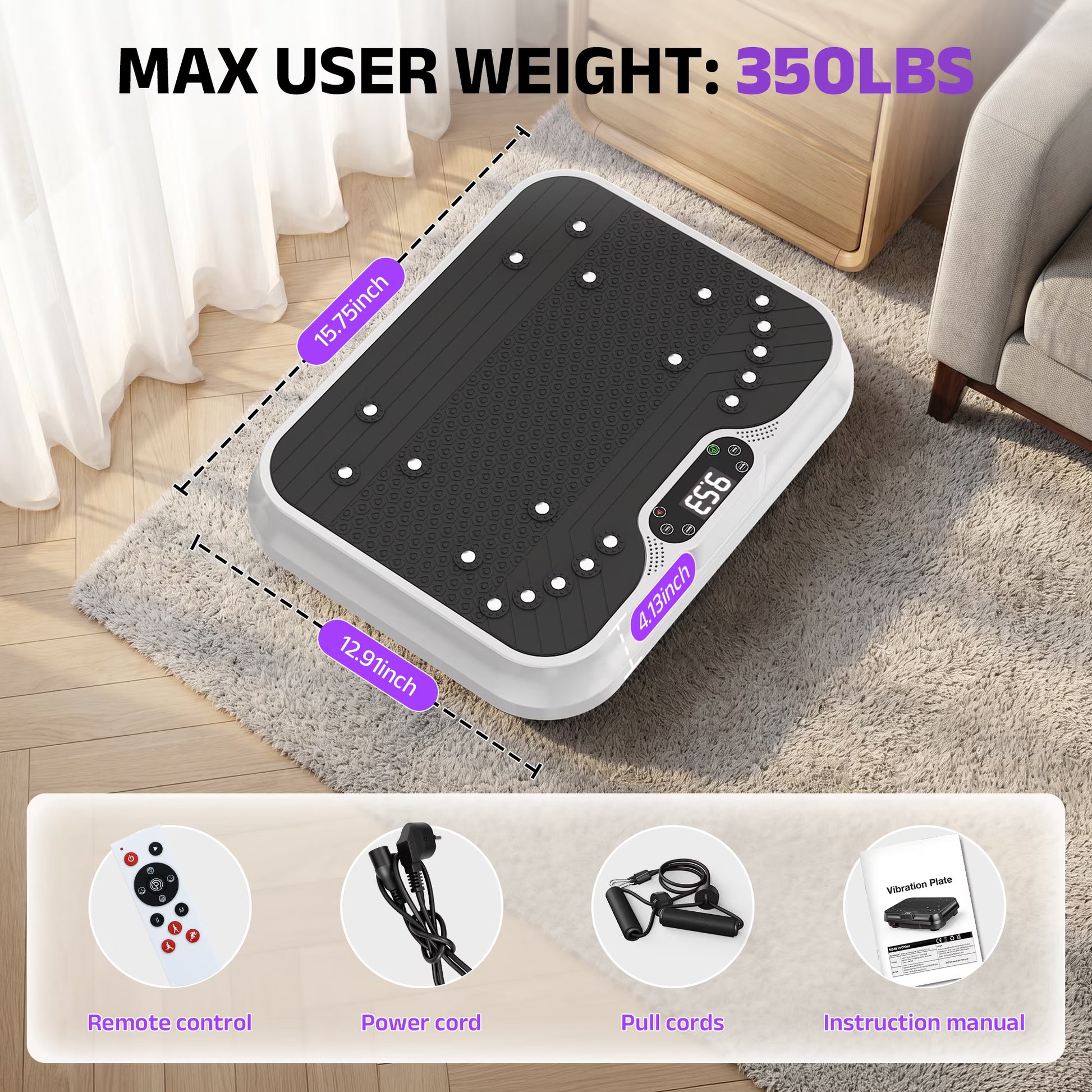 White Fitness Essentials vibration plate exercise machine with LCD display for whole-body workout and fitness training.