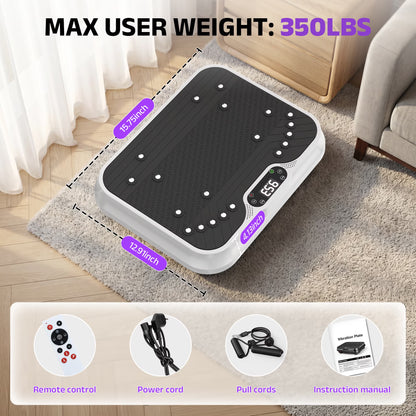 White Fitness Essentials vibration plate exercise machine with LCD display for whole-body workout and fitness training.