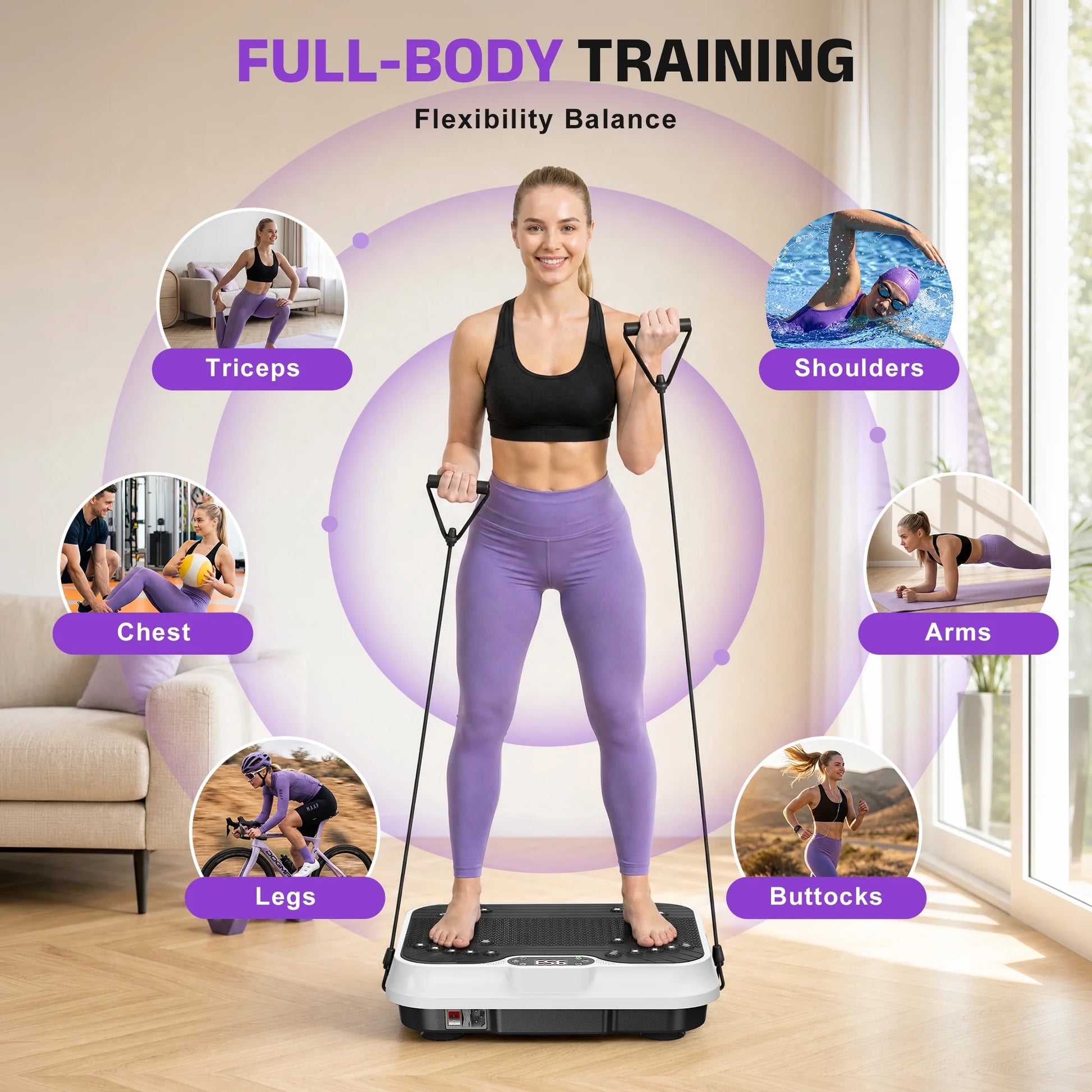White Fitness Essentials vibration plate exercise machine with LCD display for whole body workout and fitness training.