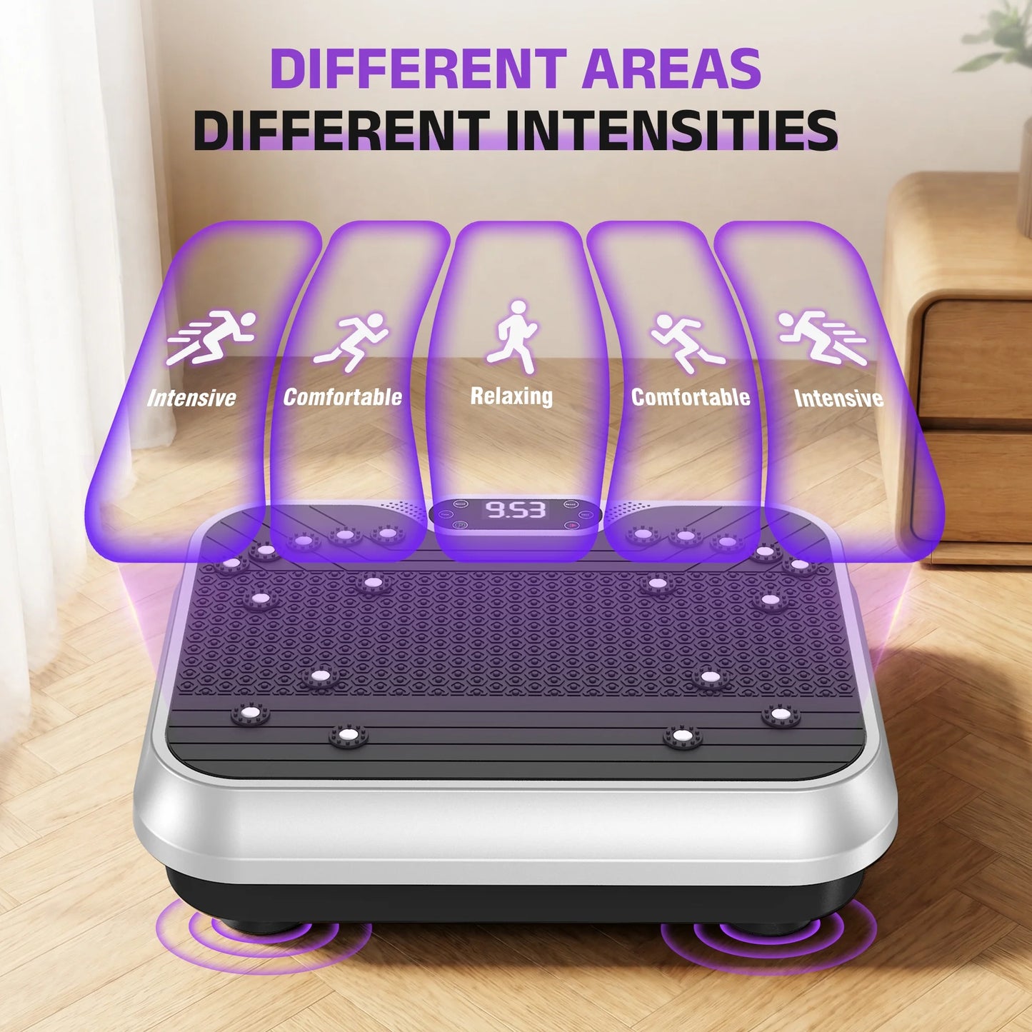 White Fitness Essentials vibration plate exercise machine with LCD display for full-body workouts and fitness training.