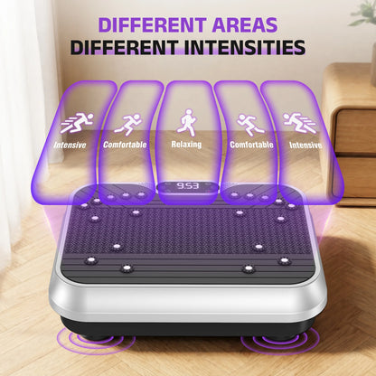 White Fitness Essentials vibration plate exercise machine with LCD display for full-body workouts and fitness training.