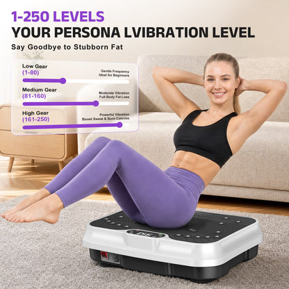 White Fitness Essentials vibration plate exercise machine with LCD display for whole body workout and fitness training.