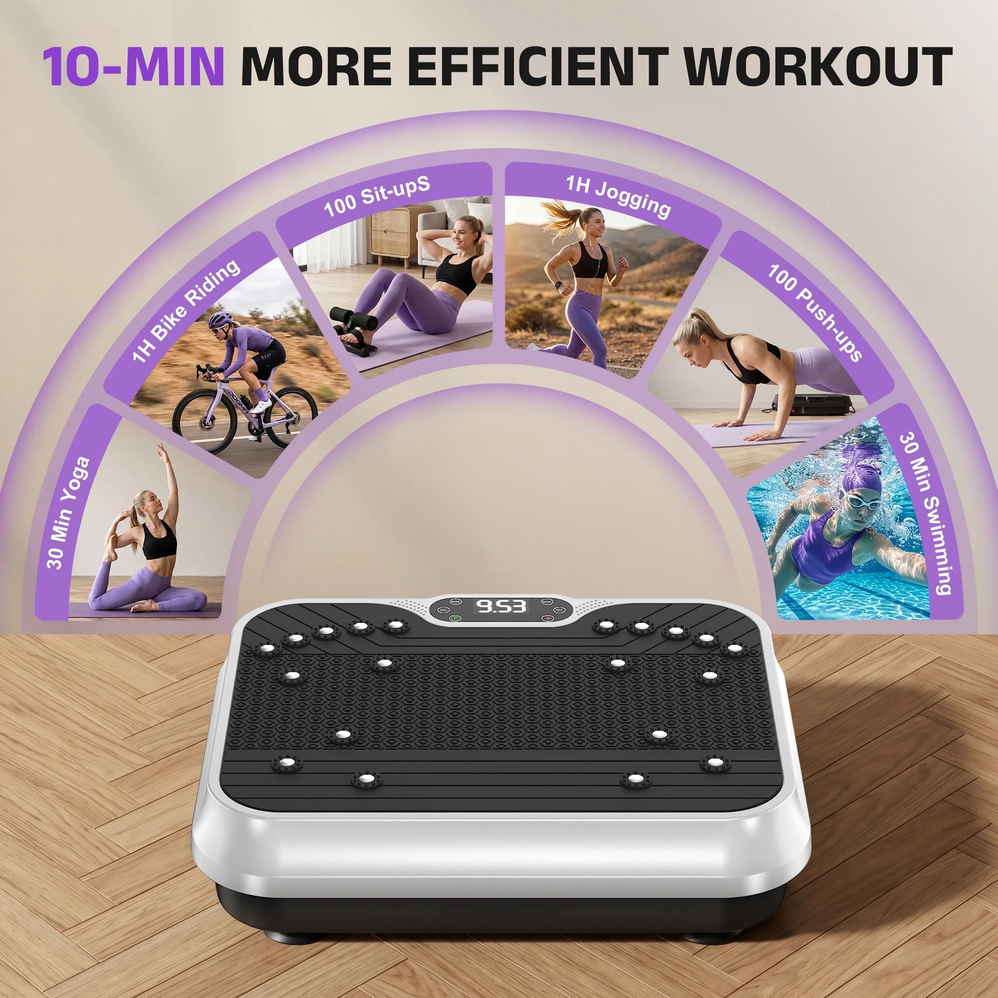 White Fitness Essentials vibration plate exercise machine with LCD display for whole-body workouts, showing a compact fitness platform.