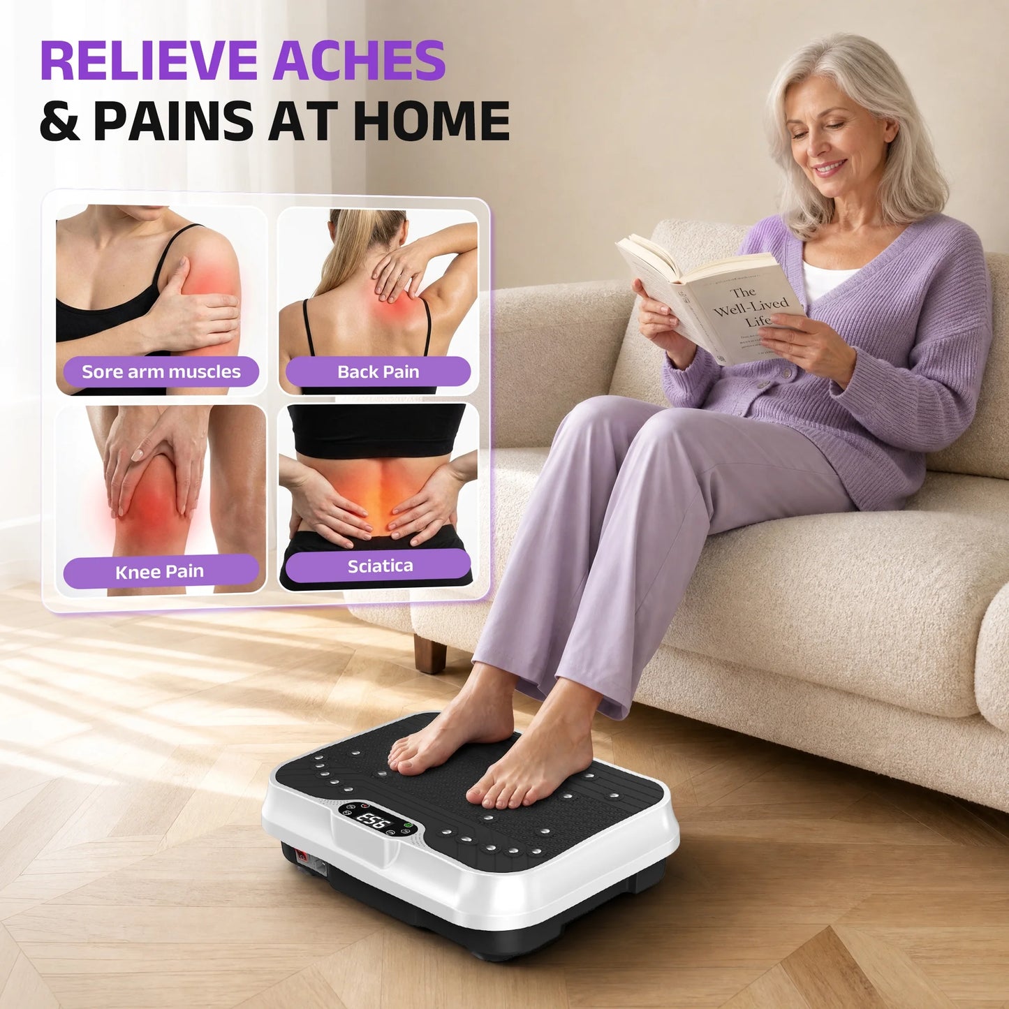 White Fitness Essentials vibration plate exercise machine with LCD display for full-body workout and fitness training.