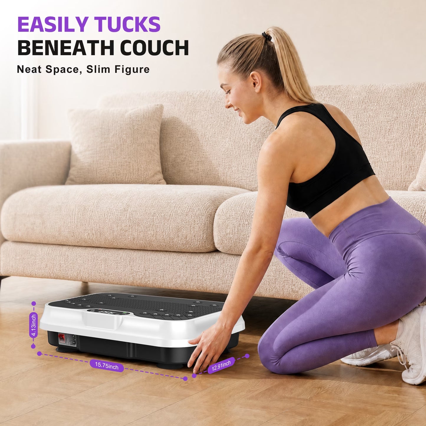 White Fitness Essentials vibration plate exercise machine with LCD display for whole body workout and fitness training.