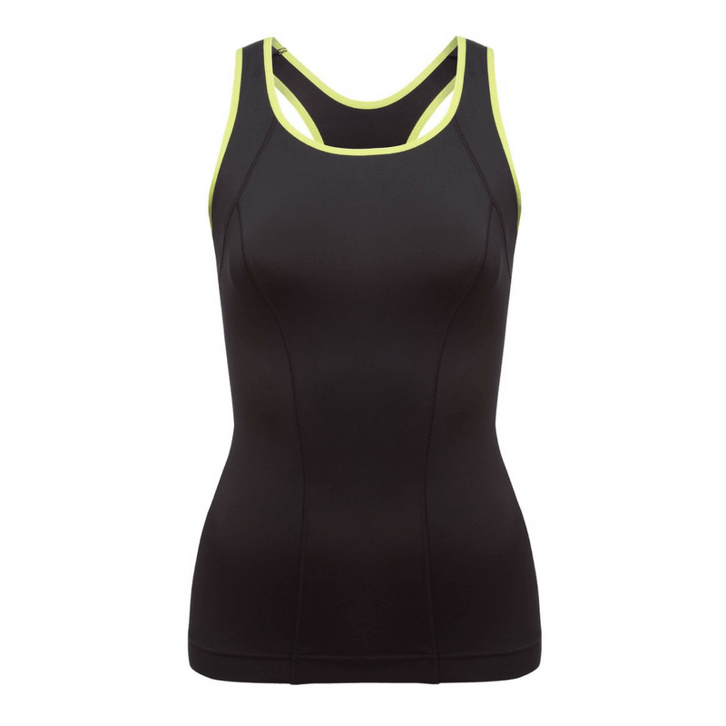 Racerback fitness tank top for women in black with neon accents for athletic and casual wear.