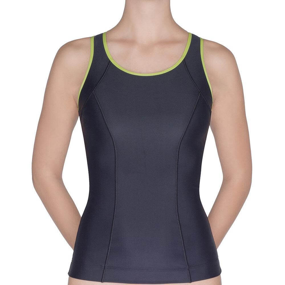 Racerback fitness tank top for women in black with lime accents, perfect for active routines and casual wear.