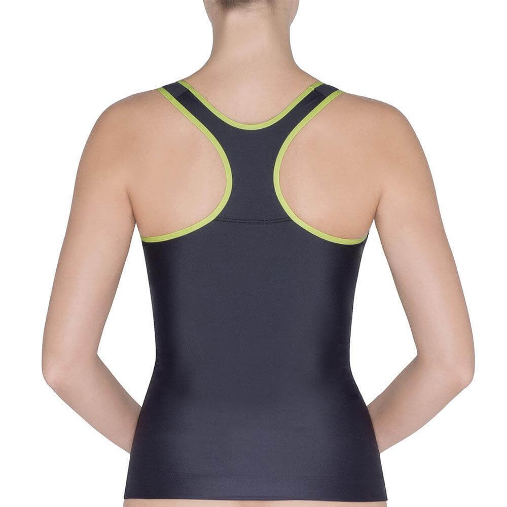 Back view of a woman wearing a racerback fitness tank top for women in black with green accents.
