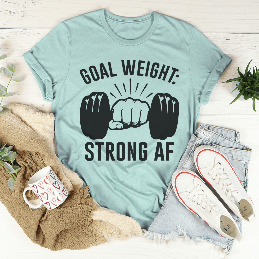 Goal Weight fitness t-shirt in Heather Prism Dusty Blue with strong graphic, perfect for training and casual wear.