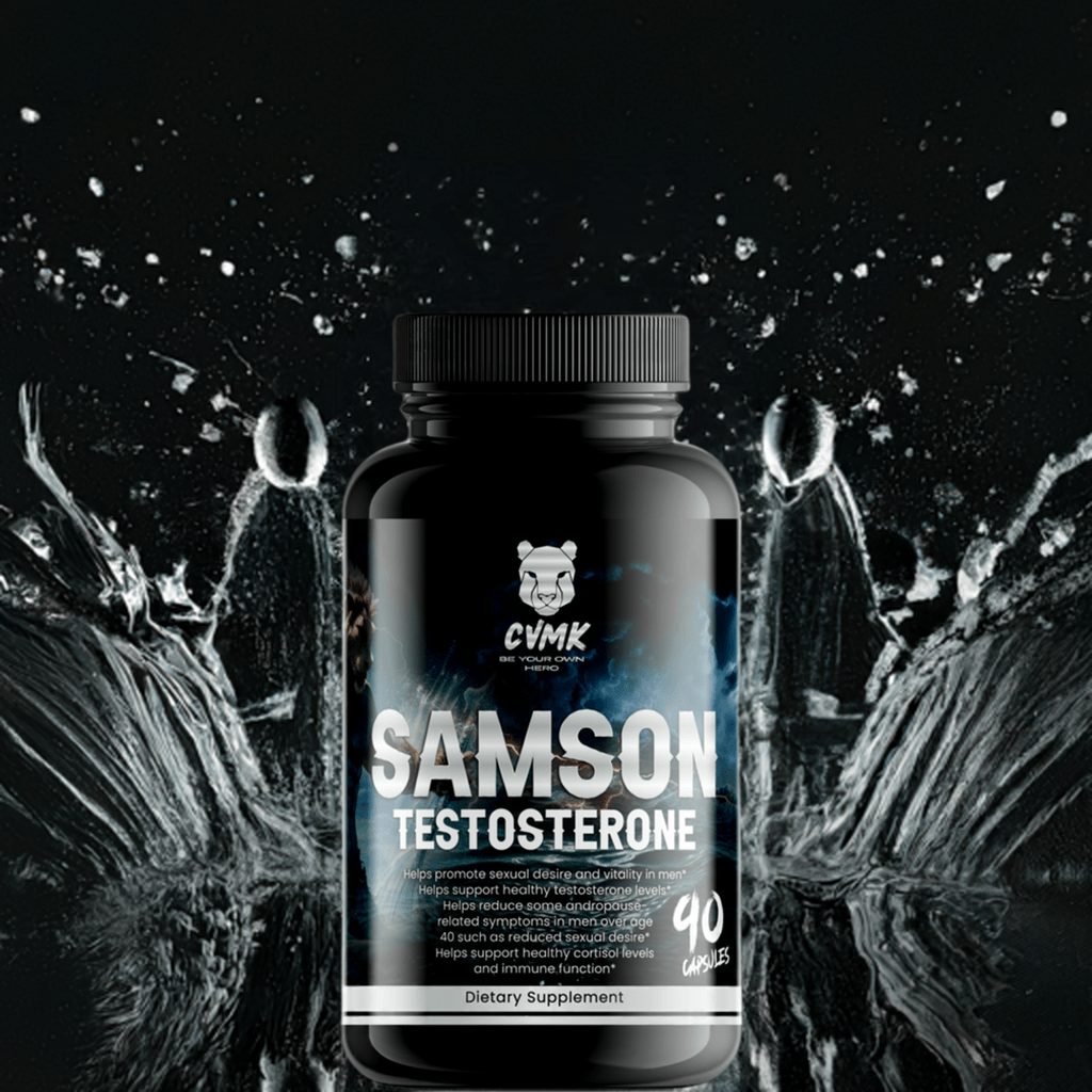 Samson active lifestyle dietary supplement bottle with water splash background.