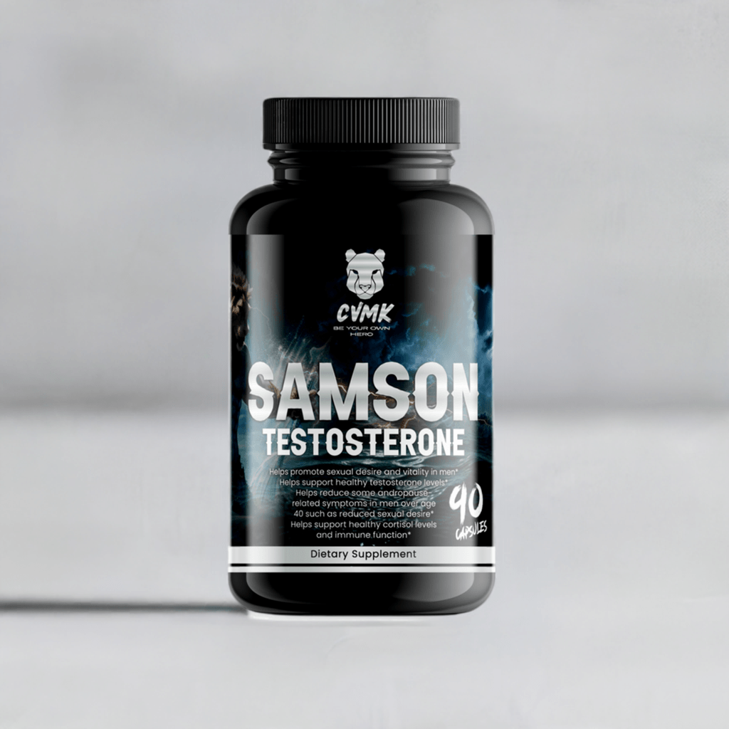 Samson active lifestyle dietary supplement bottle with 90 capsules for enhancing wellbeing and energy levels.