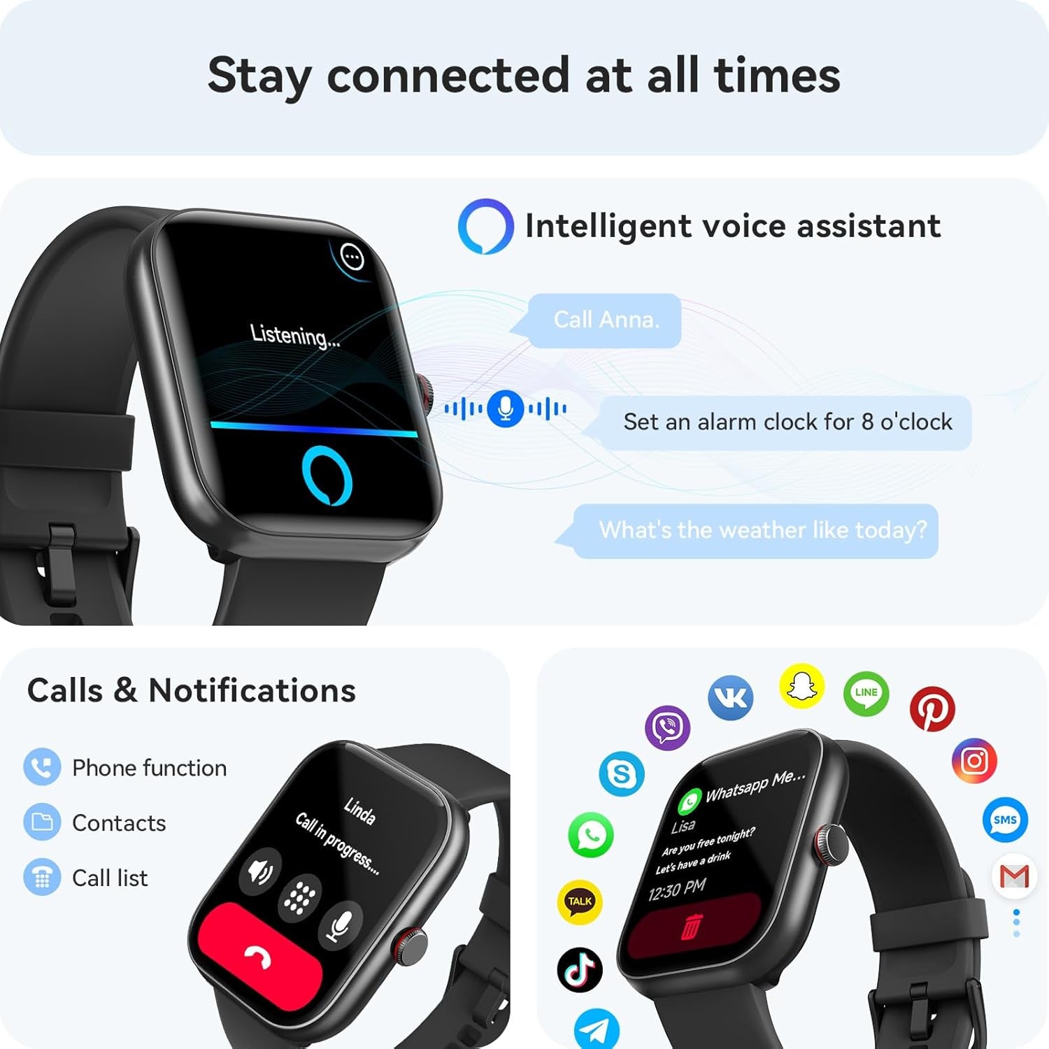 Gydom fitness tracker smartwatch with 1.91" display, heart rate monitor, blood oxygen, sleep tracking, waterproof, for iOS and Android.