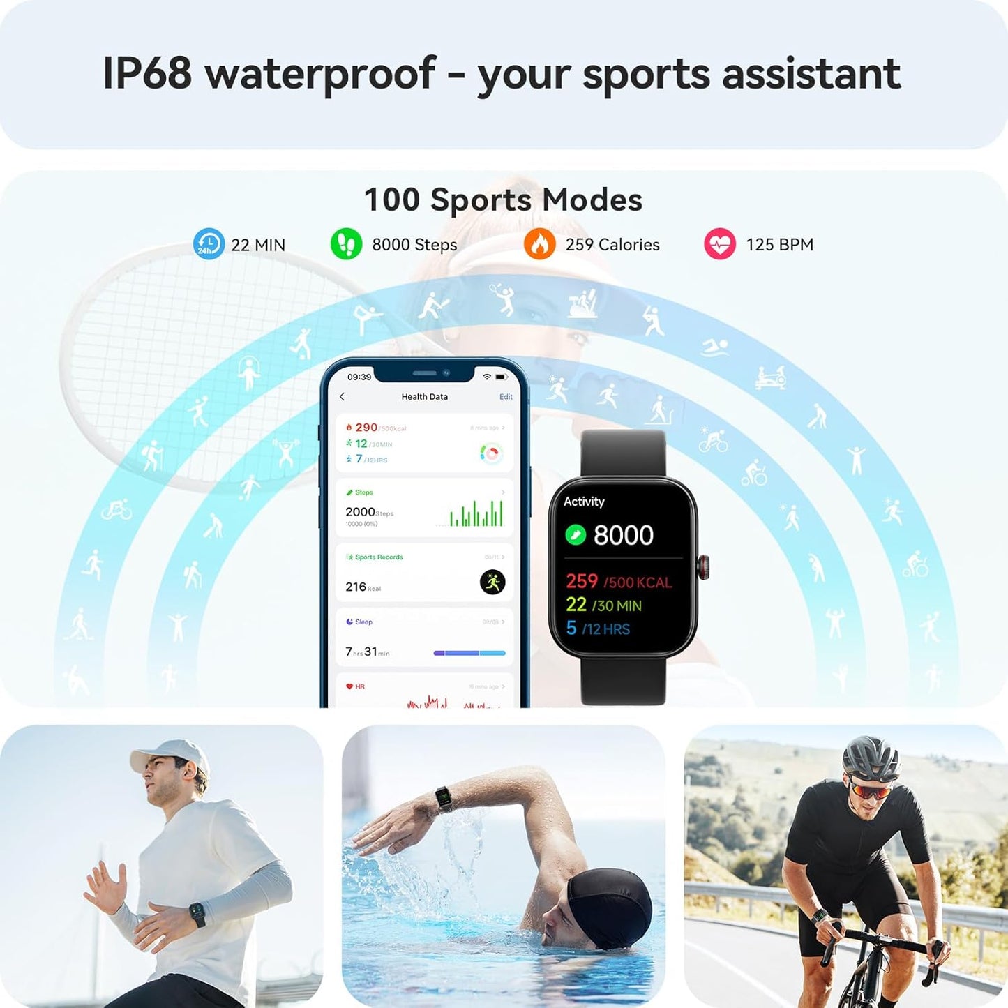 Gydom fitness tracker smartwatch with 1.91-inch display, heart rate, blood oxygen, sleep monitor, step counter, and waterproof design.
