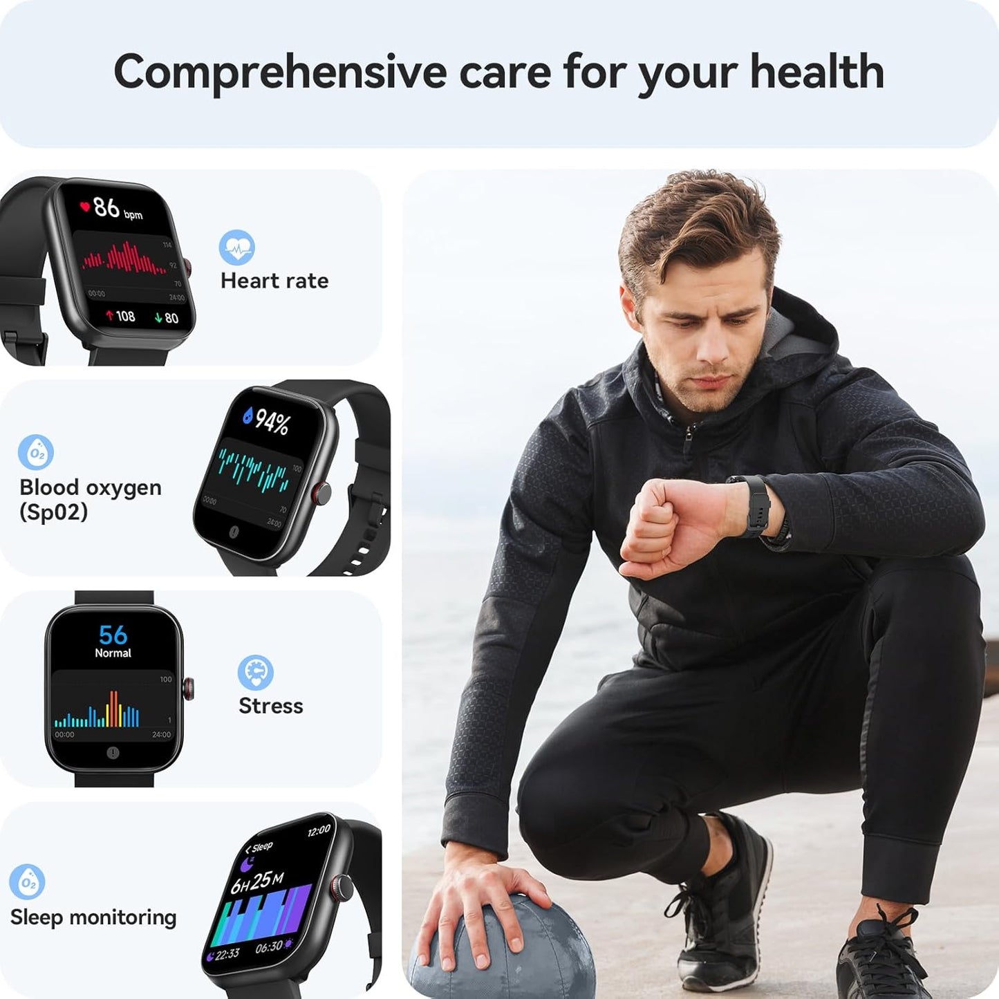 Gydom fitness tracker smartwatch with 1.91-inch display, heart rate, blood oxygen, sleep monitor, and 100 sports modes, waterproof IP68.