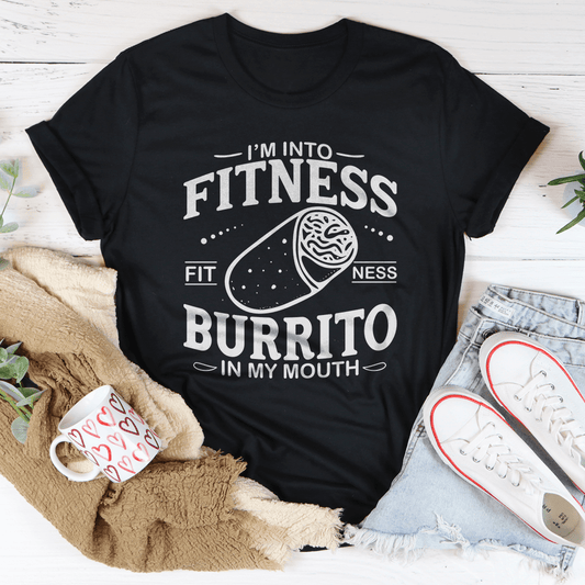 I'm Into Fitness Burrito In My Mouth Tee, black heather fitness burrito graphic t-shirt for casual and athletic wear.