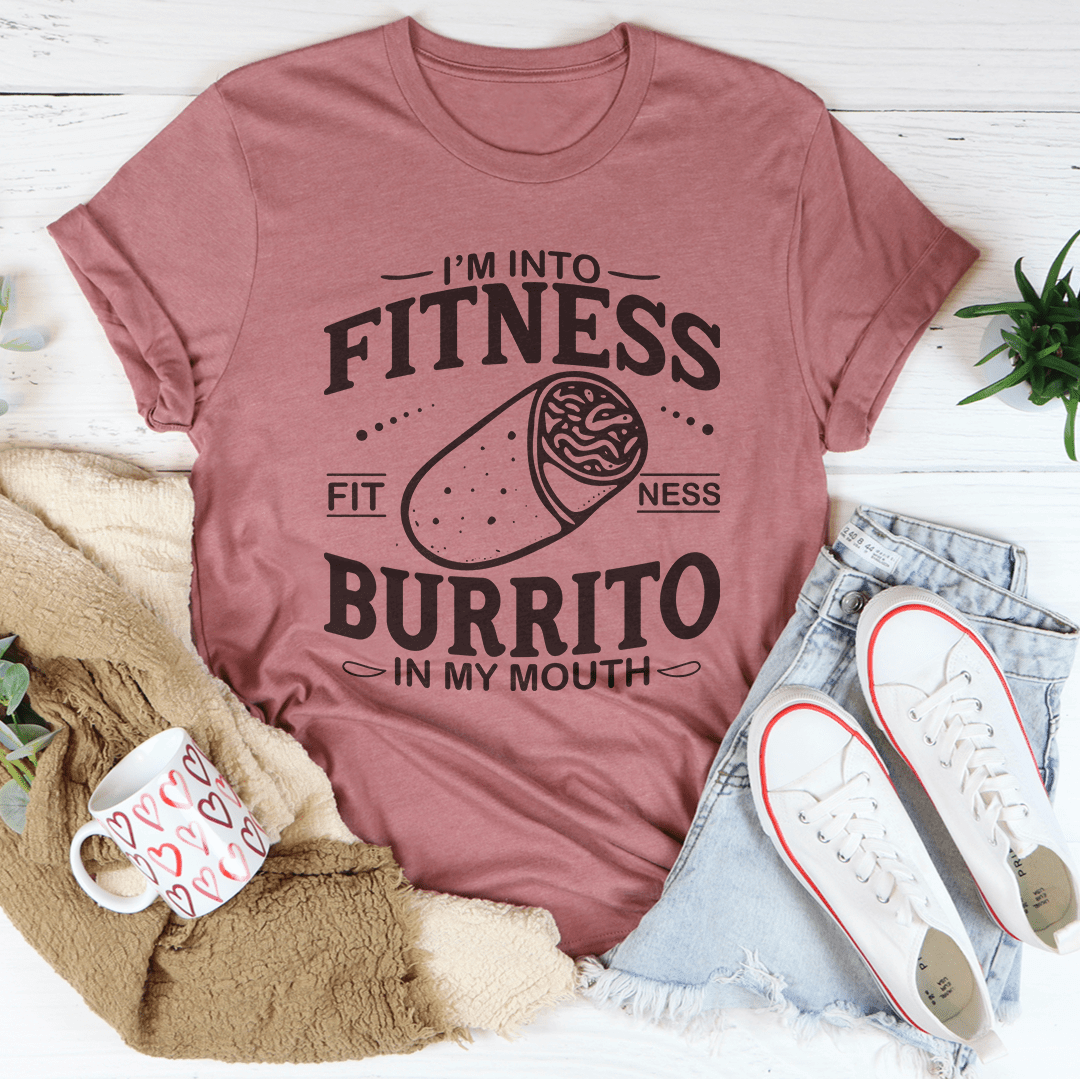 I'm Into Fitness Burrito In My Mouth Tee in mauve showcasing the fitness burrito graphic t-shirt on a stylish flat lay.