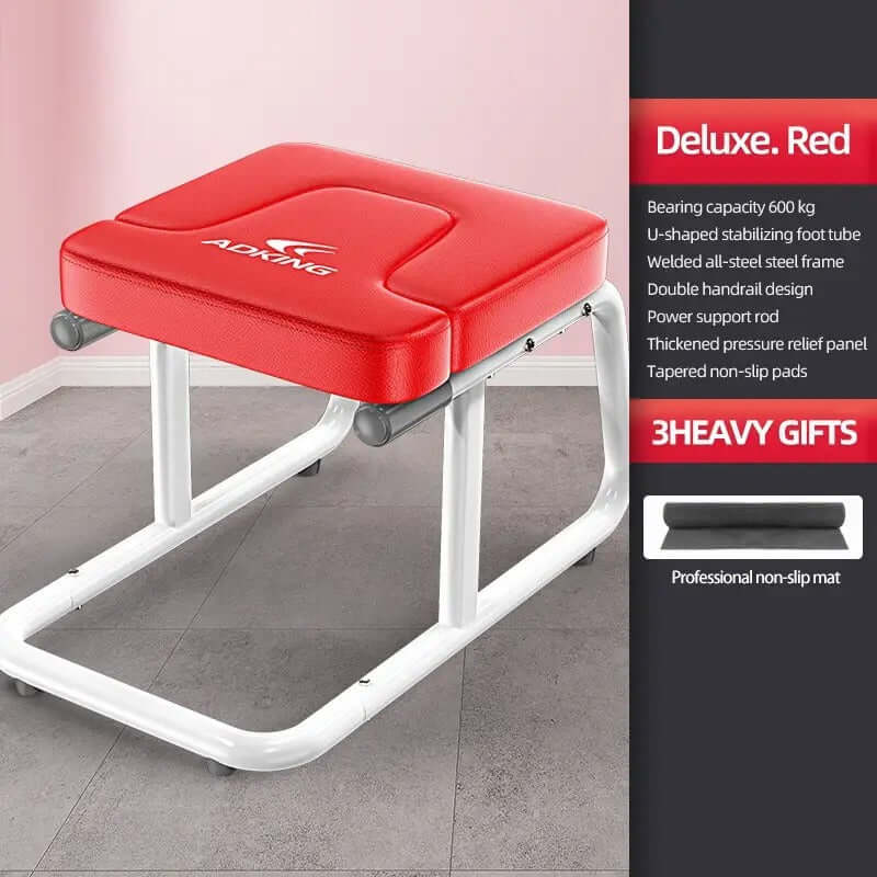 Fitness inversion stool with armrests featuring a durable red design for home workouts.