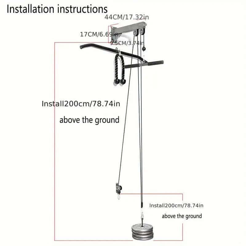 Installation instructions for wall pulley rope training system, featuring height measures and setup recommendations.