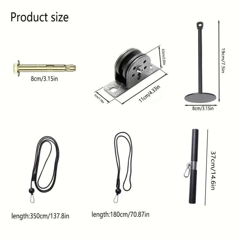 Product size dimensions for wall pulley rope training system components including lengths and measurements.