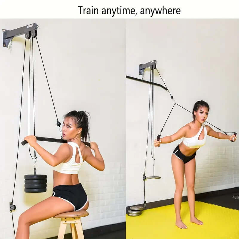 Wall pulley rope training system shown in use for home workouts, featuring a woman training with the equipment.