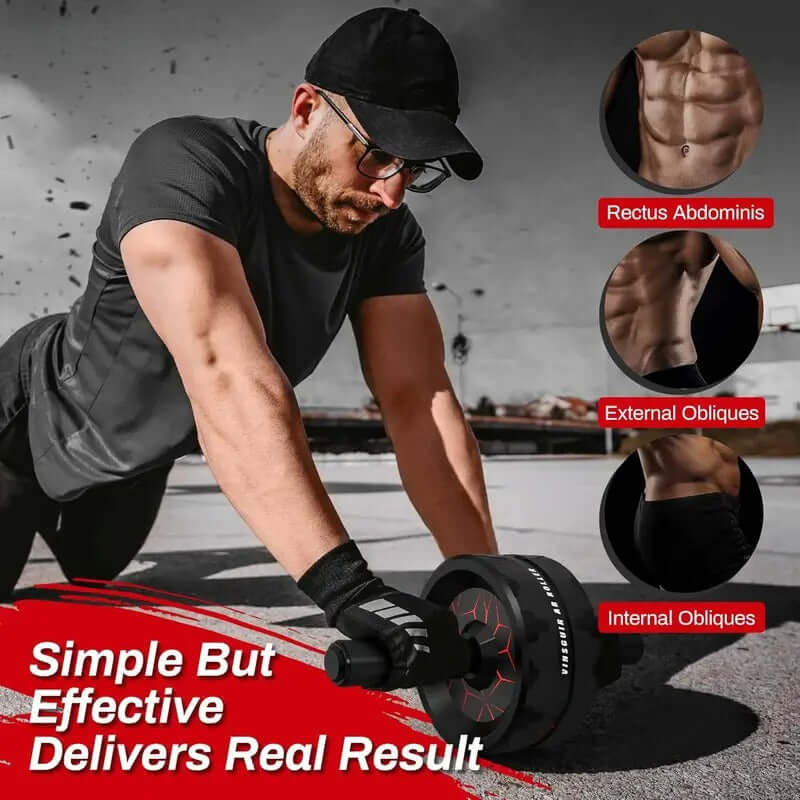 Man using a core ab roller with knee pad for effective core workouts and muscle building.