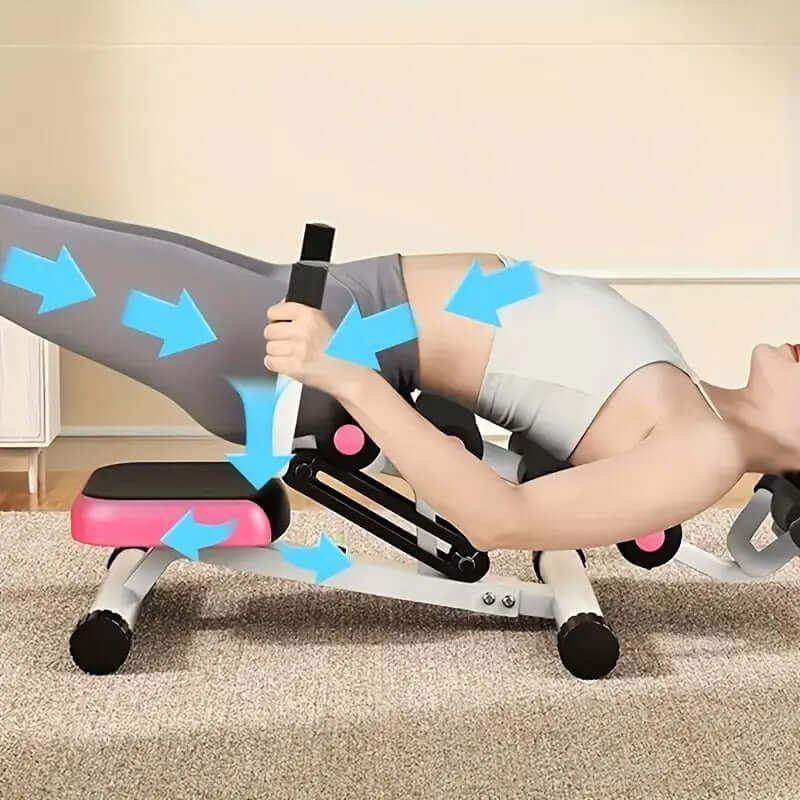 Woman using adjustable lumbar support for yoga during a back stretch exercise at home.