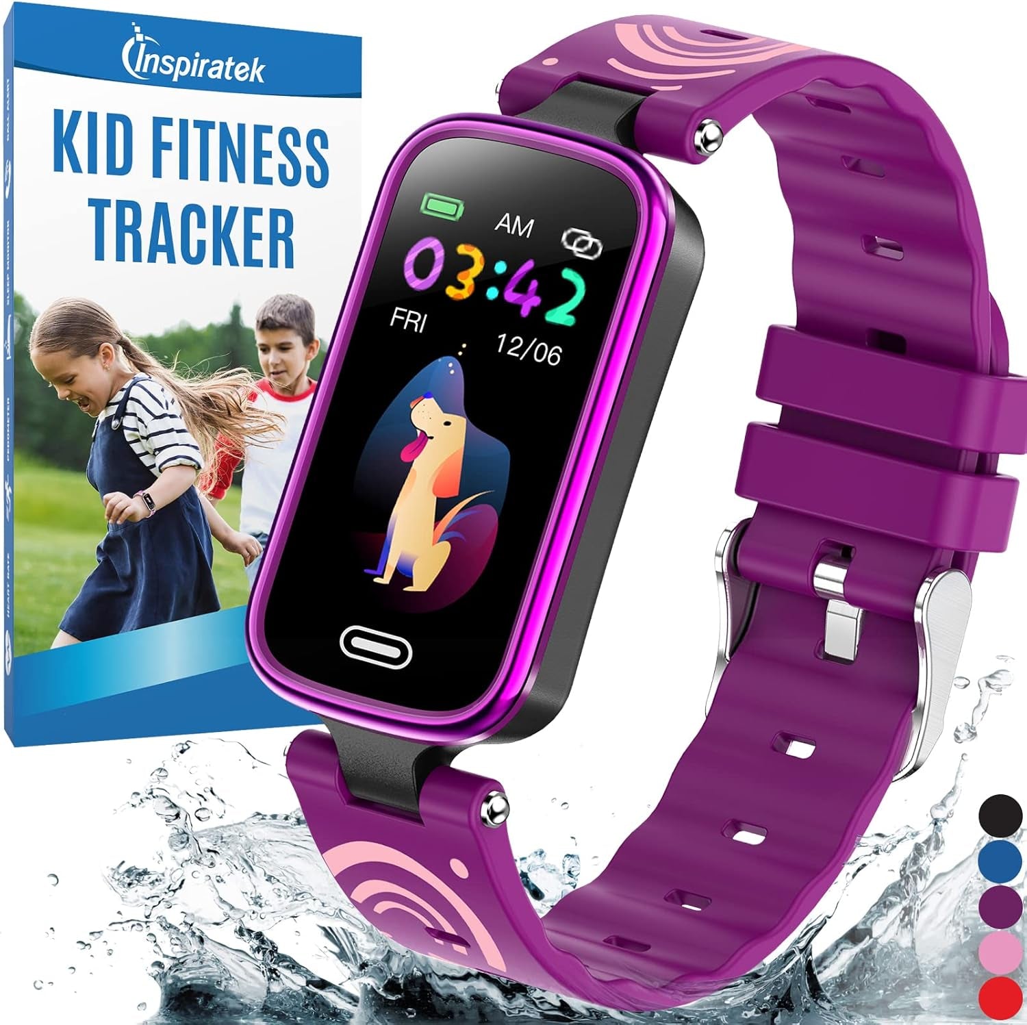 Inspiratek kids fitness tracker watch in purple showing activity stats, sleep monitor, and waterproof design for children ages 5-16.
