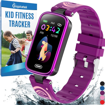 Inspiratek kids fitness tracker watch in purple showing activity stats, sleep monitor, and waterproof design for children ages 5-16.