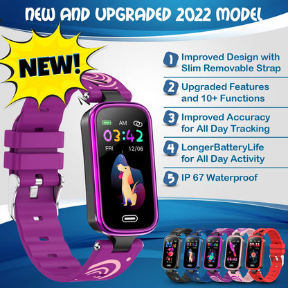 Inspiratek purple kids fitness tracker watch for ages 5-16, waterproof pedometer with sleep monitor and calorie counter.