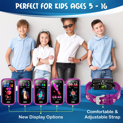 Purple Inspiratek kids fitness tracker watch for ages 5-16 with waterproof design, pedometer, sleep monitor, and calorie counter.