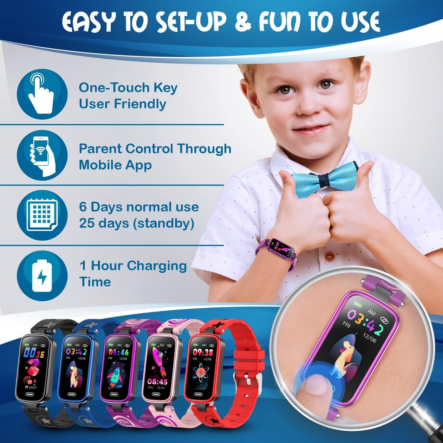Purple Inspiratek kids fitness tracker watch for ages 5-16, waterproof pedometer with sleep monitor and calorie counter.