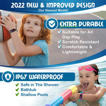 Inspiratek purple kids fitness tracker watch for ages 5-16 with waterproof design, pedometer, sleep monitor, and calorie counter.