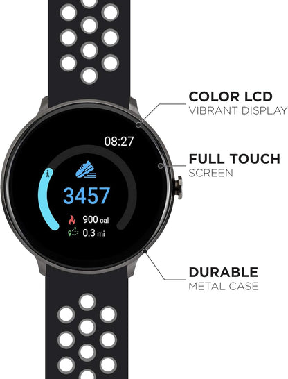 iTouch Sport Smartwatch with touch screen, fitness tracker, heart rate monitor, swimming waterproof design, and 30-day battery life.