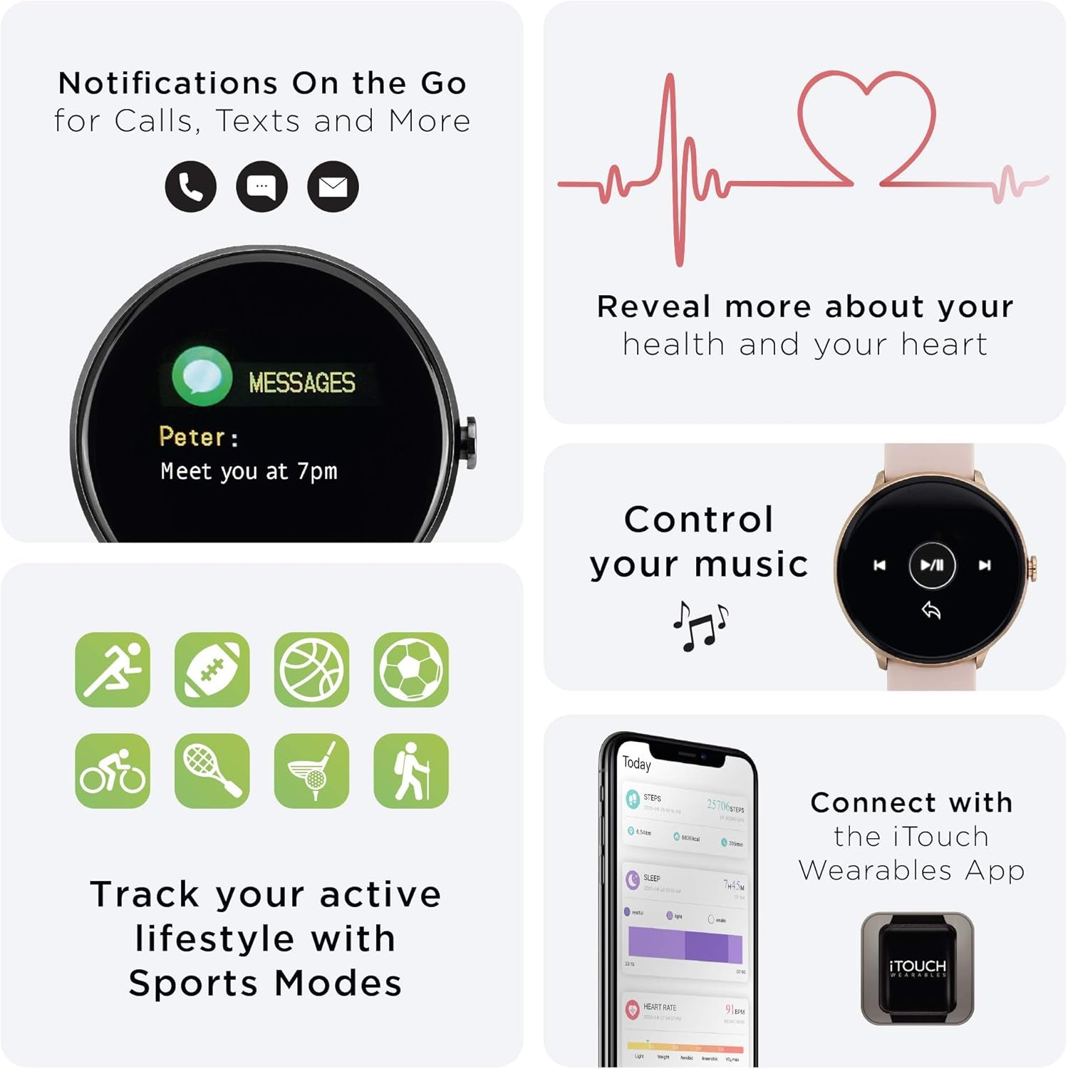 iTouch Sport Smartwatch with touch screen, heart rate, step counter, sleep monitor, waterproof IP68, for men and women.