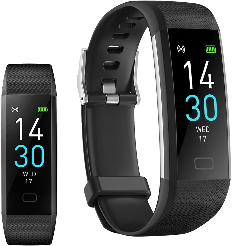 Black Jawploy fitness tracker with heart rate monitor, step counter, sleep monitor, and IP68 water resistance for men and women.