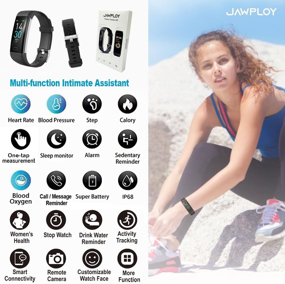 Black Jawploy fitness tracker with heart rate monitor, step counter, sleep monitor, and IP68 water resistance for men and women.
