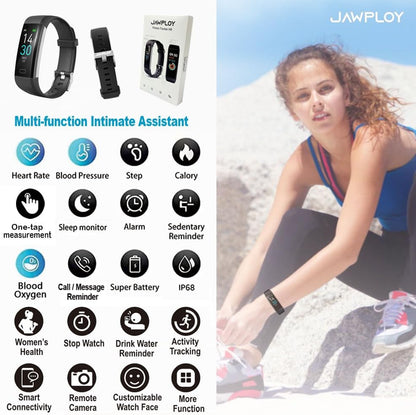 Black Jawploy fitness tracker with heart rate monitor, step counter, sleep monitor, and IP68 water resistance for men and women.