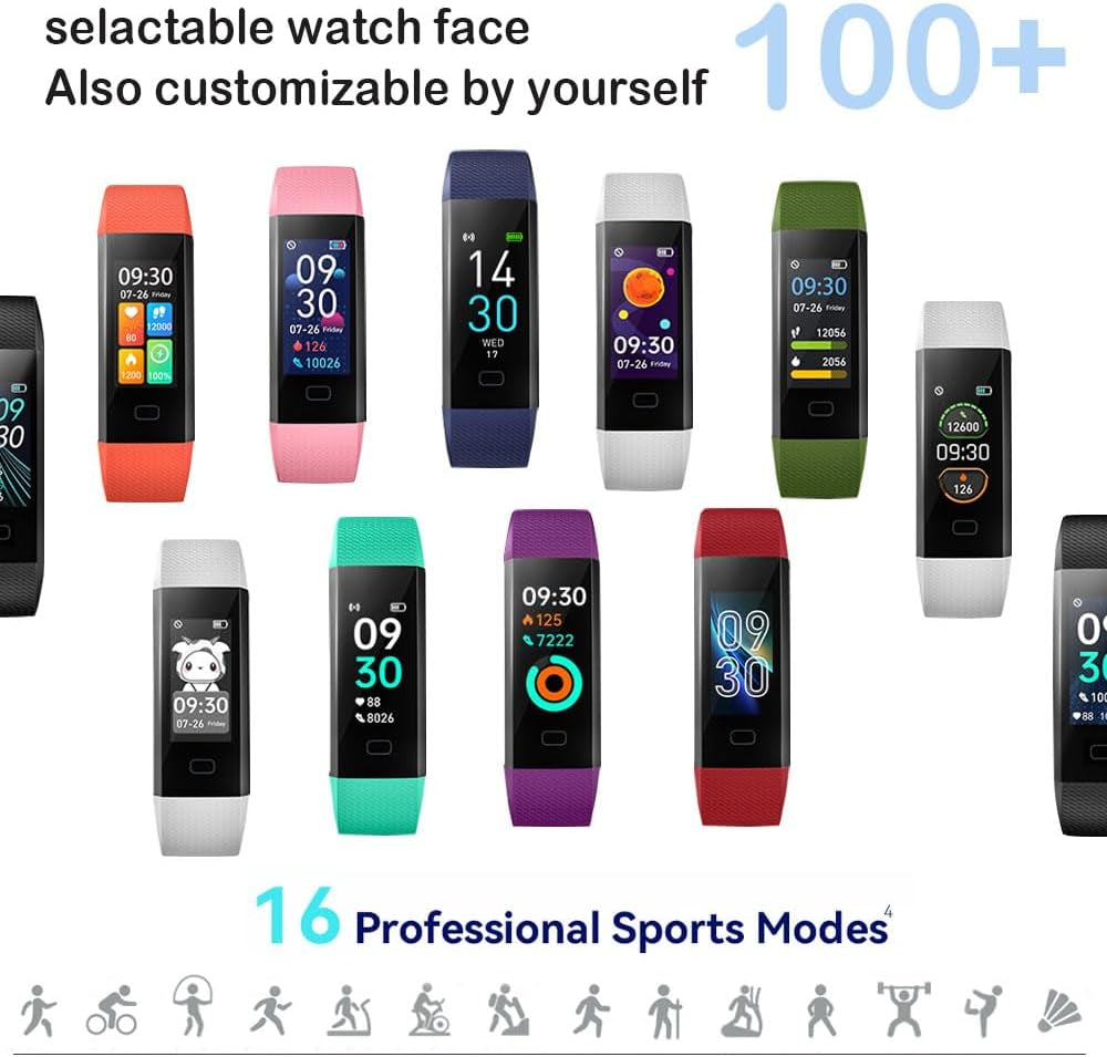 Black Jawploy fitness tracker with heart rate monitor, step counter, sleep monitor, and IP68 waterproof design for men and women.