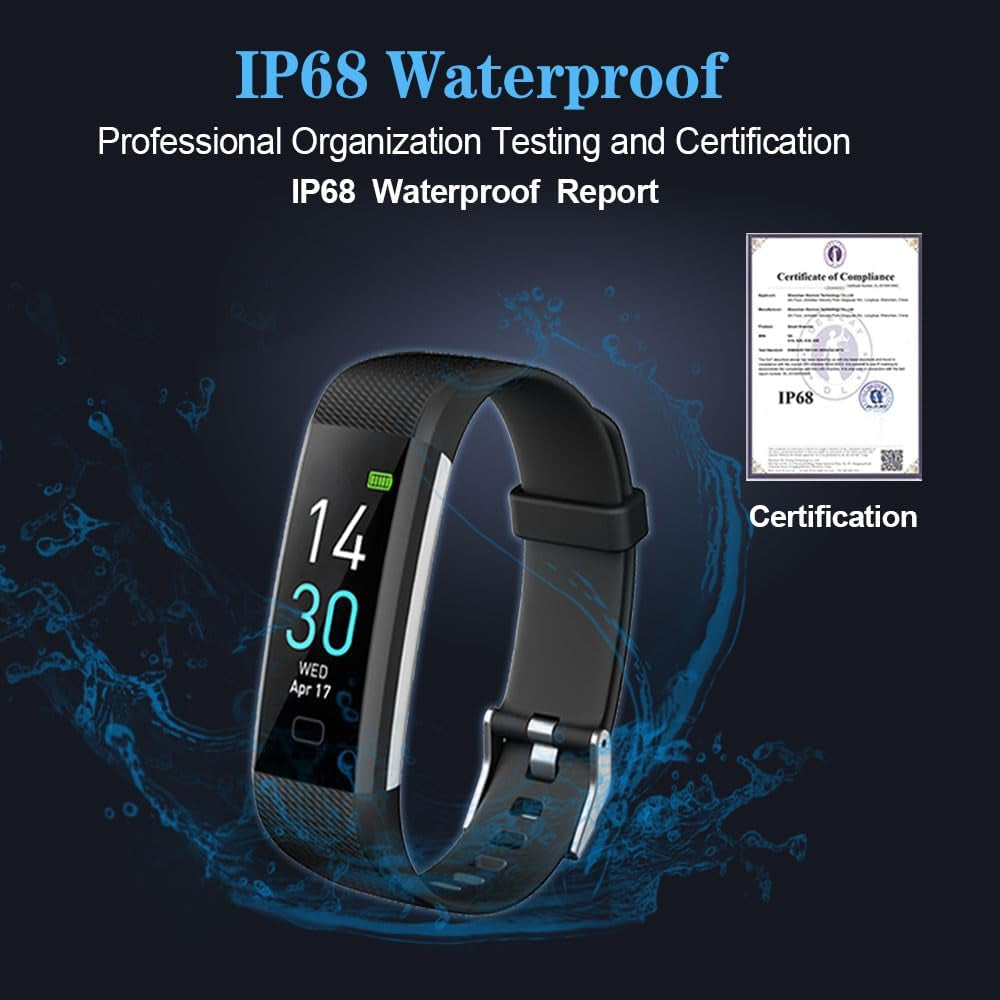 Black Jawploy fitness tracker with heart rate monitor, step counter, sleep monitor, and IP68 water resistance for men and women.